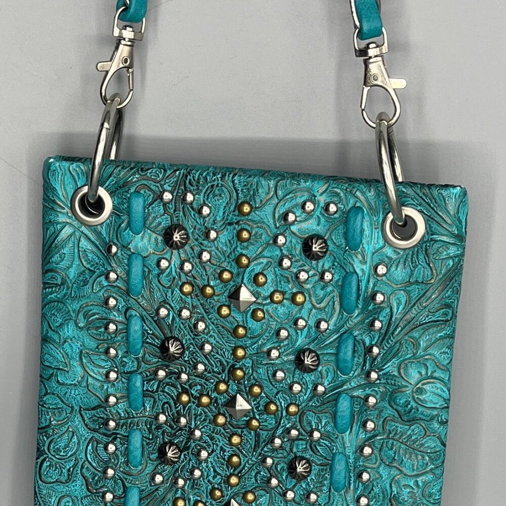 P&G FAUX LEATHER CROSSBODYBAG TEAL WITH SILVER TONE STUDS, CHAIN & HARDWARE